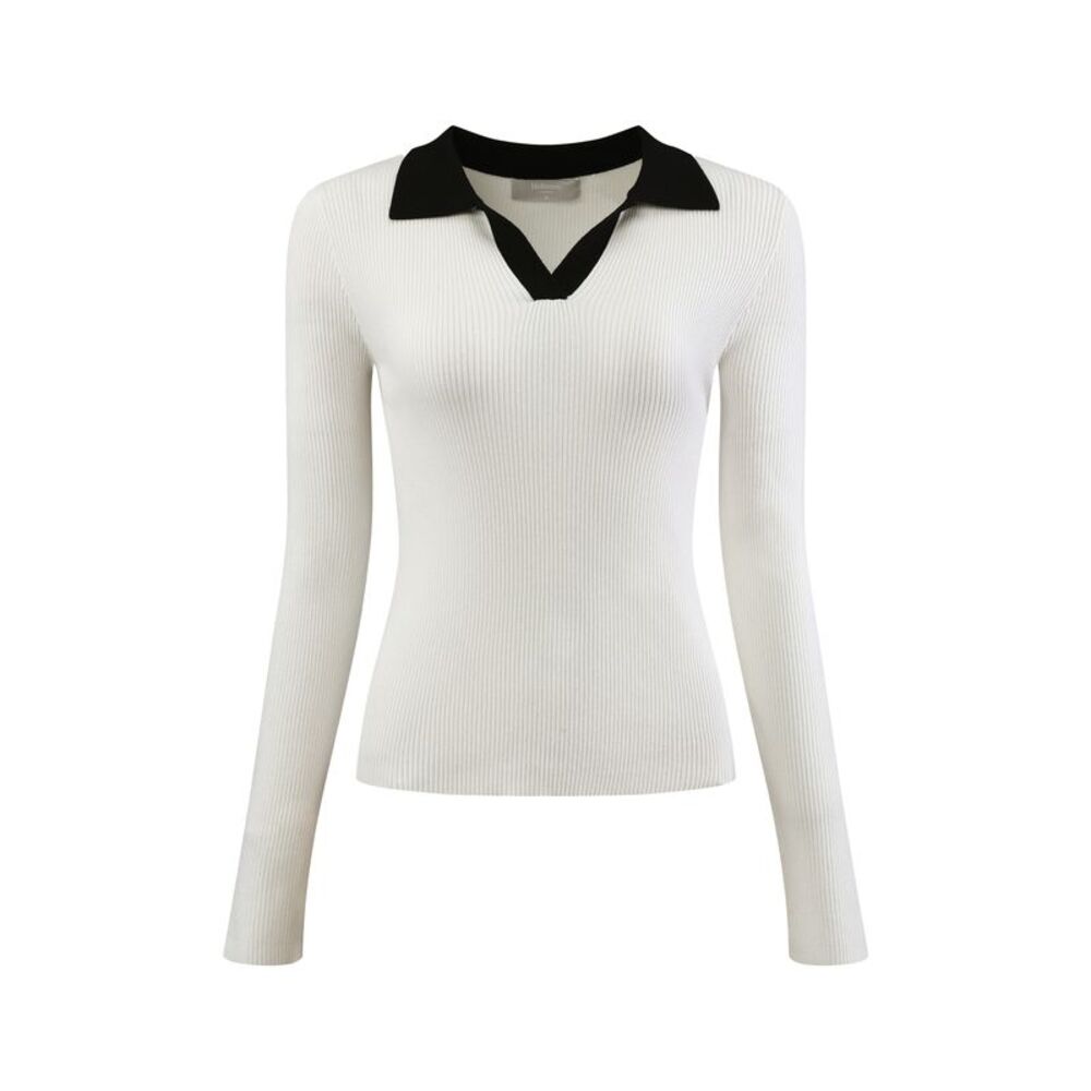 Fitted Knit Top V Neck Contrast Color Long Sleeve Polo Sweater Top White